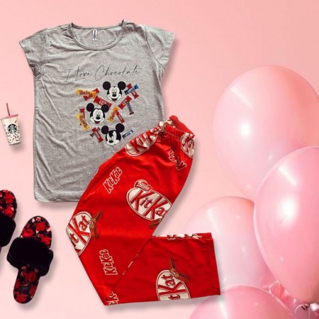 Pijama dama bumbac primavara-vara cu pantaloni lungi rosii si tricou gri cu imprimeu MK Kit